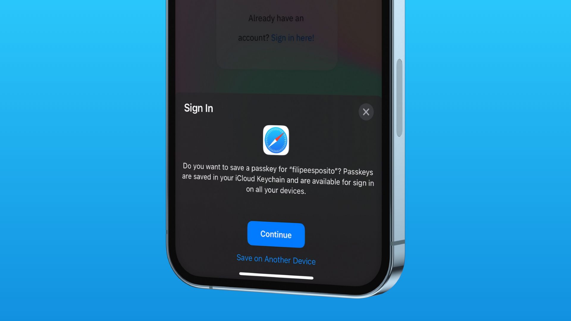 Apple Passkeys sign up screen