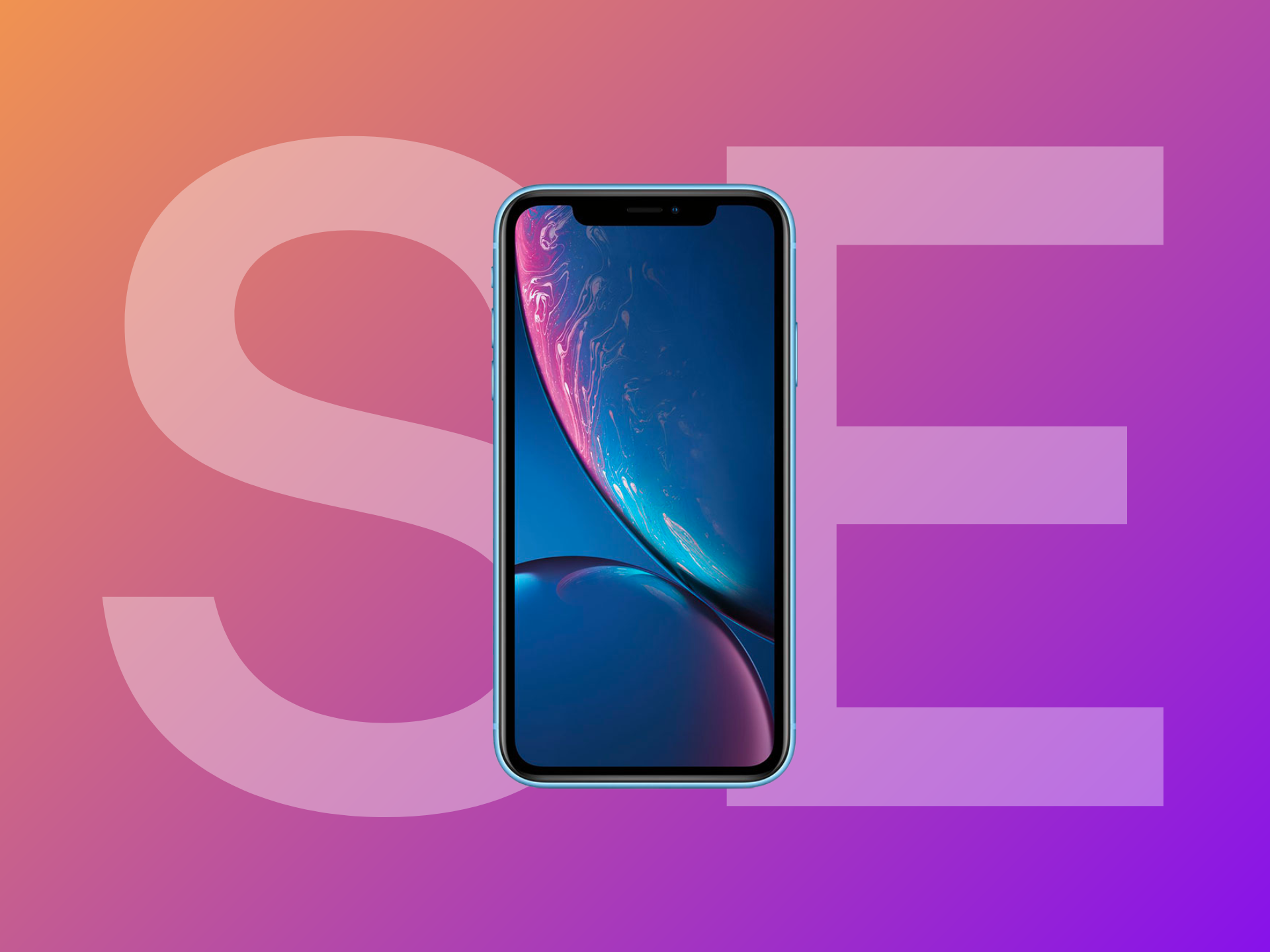 iPhone XR on an orange, purple gradient background with the SE text