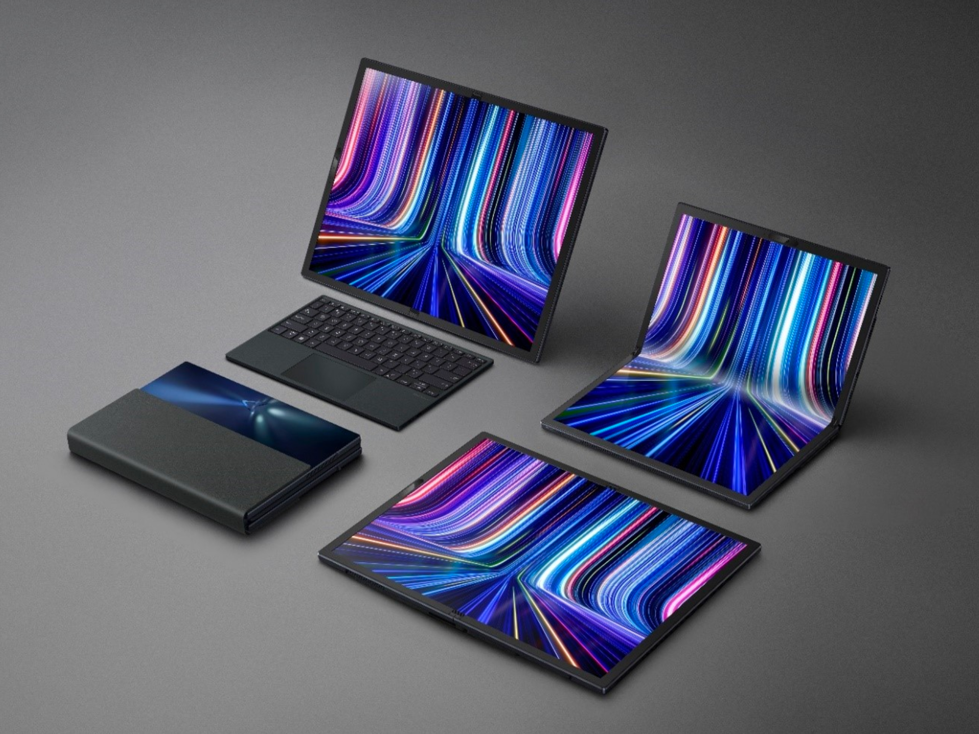 ASUS Zenbook 17 Fold OLED 2022 on a flat surface in all positions