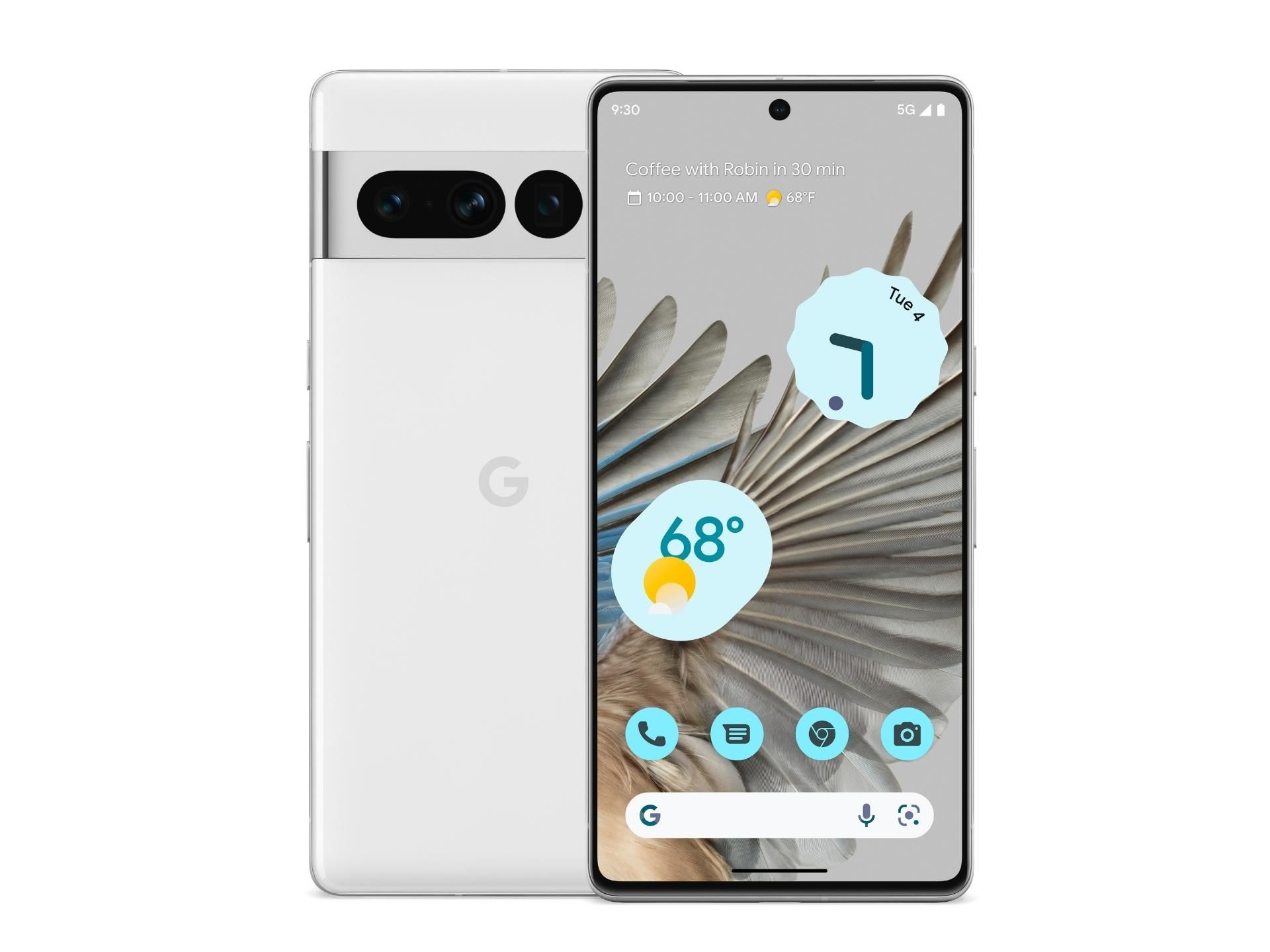 an image showing the back and front of Pixel 7 Pro in its Snow colorway