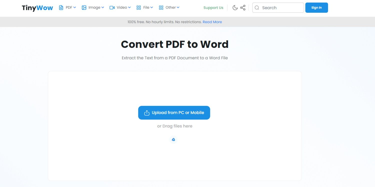 TinyWow PDF to Word converter