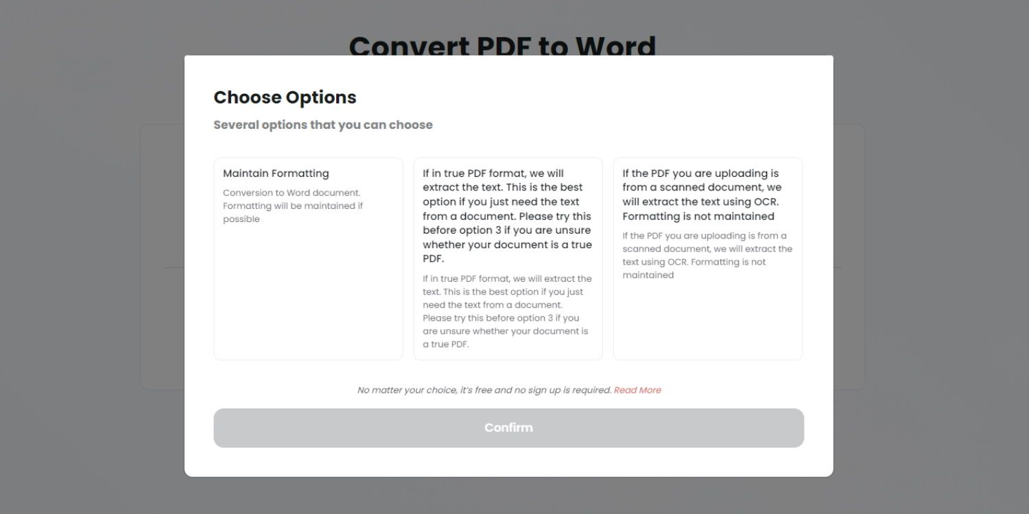 TinyWow PDF to Word select method