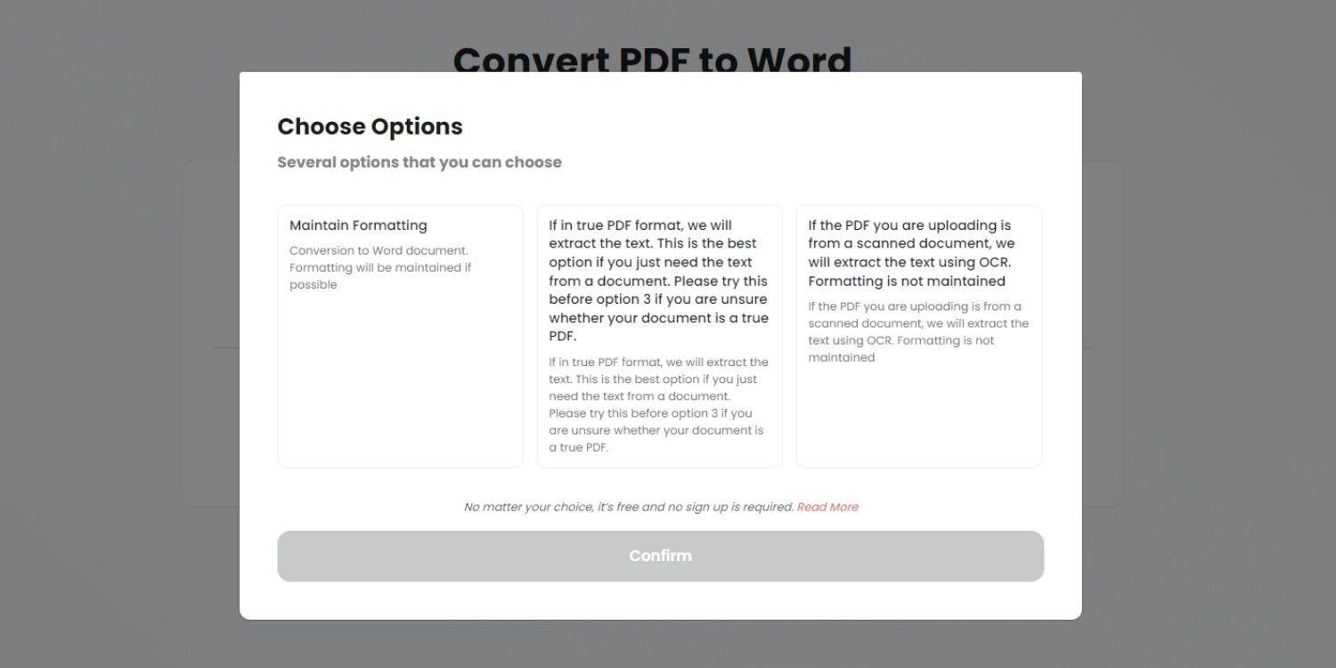 TinyWow PDF to Word Auswahlmethode