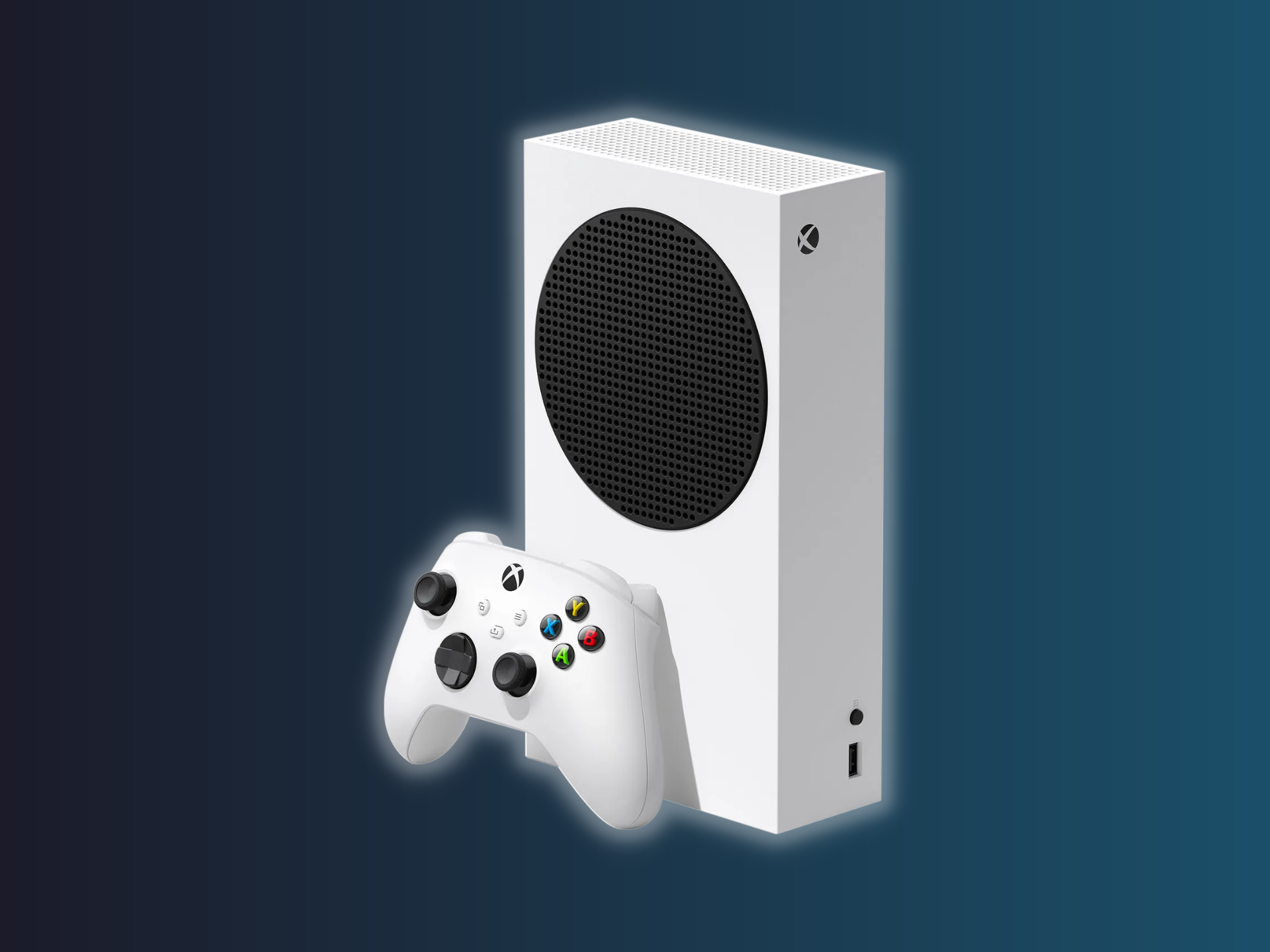 Microsoft Xbox Series S dengan latar belakang biru tua