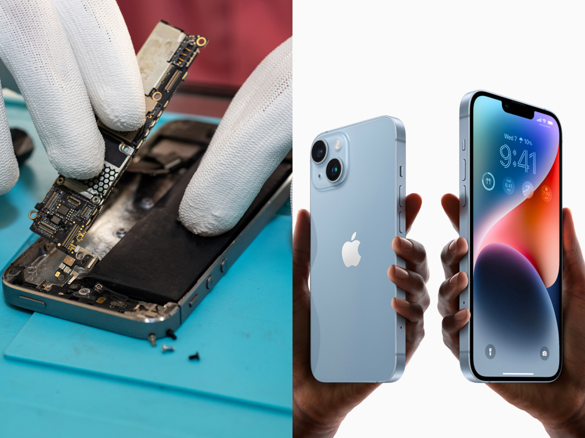An iPhone being repaired on the left, and hands holding up the iPhone 14 and iPhone 14 Plus on the right