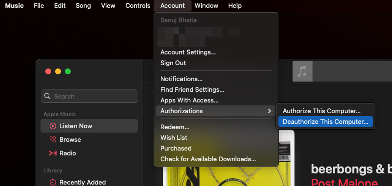 Deauthorize Apple Music on Mac