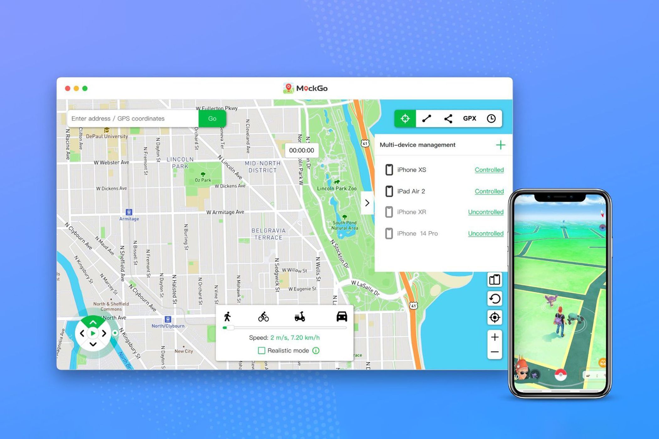 mockgo app showing map and pokemon go on smartphone