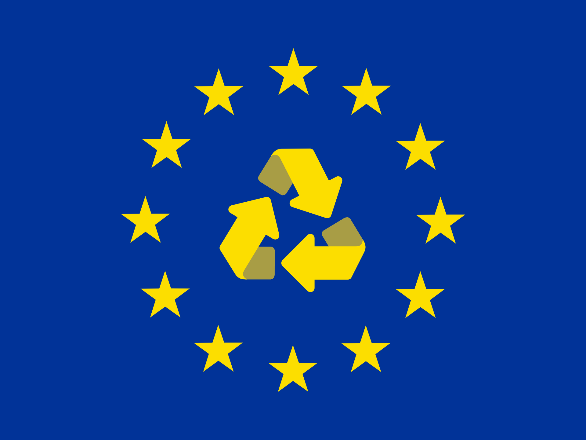 The European Union flag with the recycling icon in the middle following the same color scheme