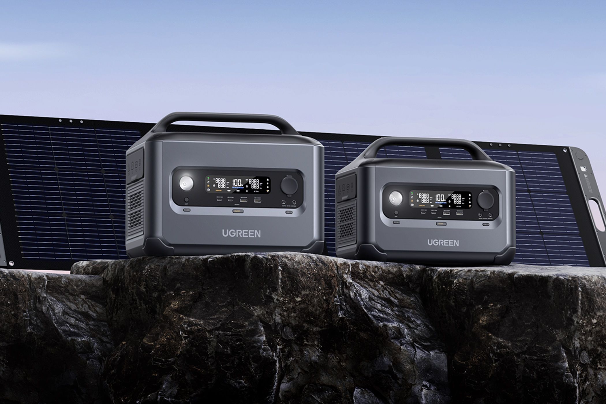 powerroam 1200 on rock outdoors with solar panels behind