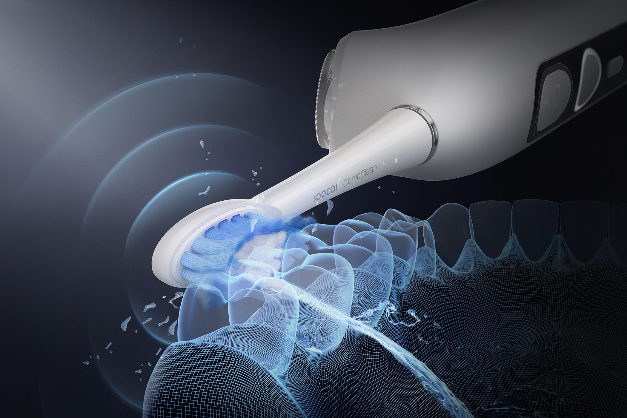The Soocas Neos electric toothbrush sprays water between tooth gaps.