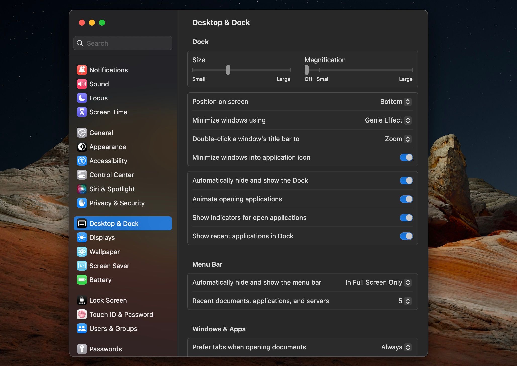 macOS Dock Settings Customization Menu