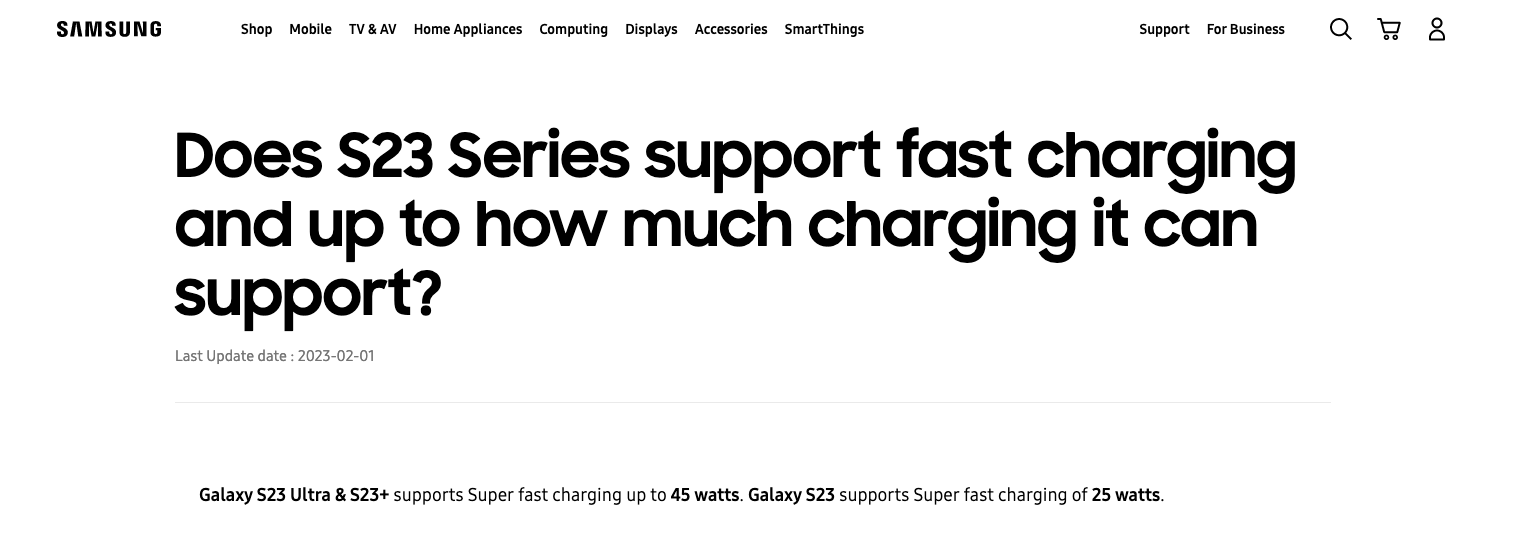 Samsung S23 fast charging supported yes