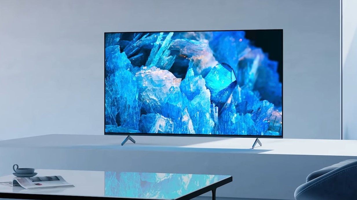 Image of a Sony OLED BRAVIA XR A75L Series on a stand with grey background