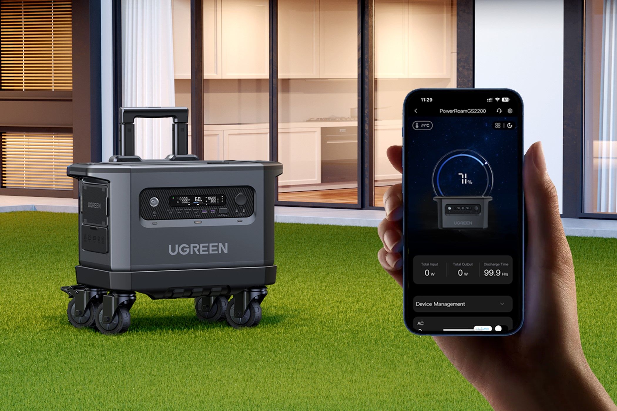 ugreen powerroam 2200 on grass next to person holding phone with app