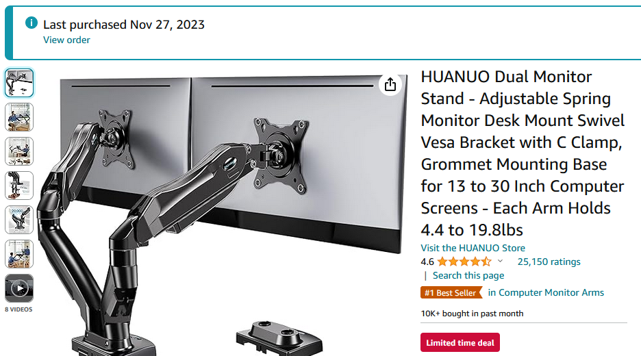 HUANUO Dual Monitor Stand purchase screenshot from Amazon