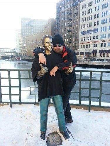 Geocaching with the (only slightly creepy) Fonz statue in nearby Milwaukee