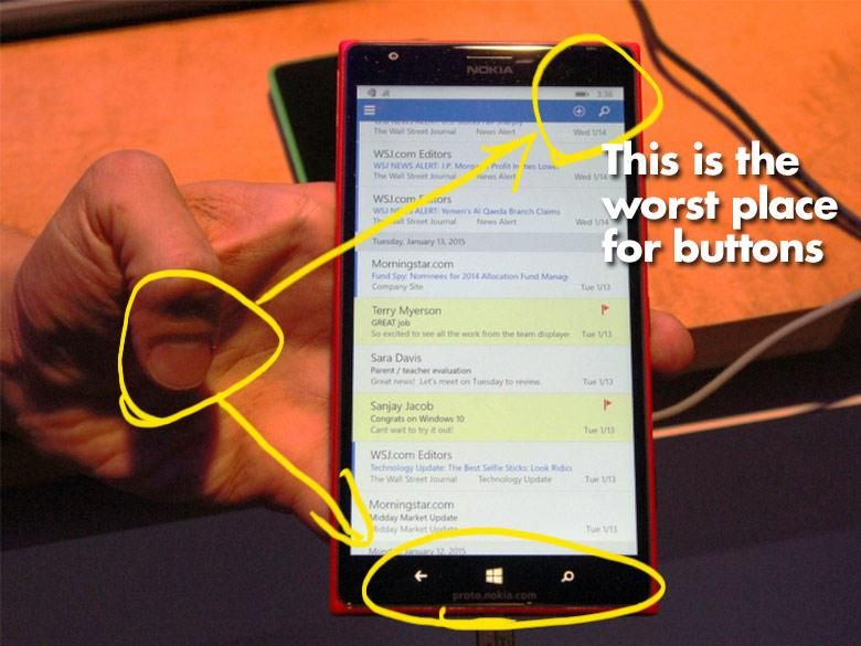 Notice how far away the mystery meat buttons are when they're at both the top of the screen and bottom of the screen. (Image via Neowin who also notes Microsoft's change in design philosophy.)