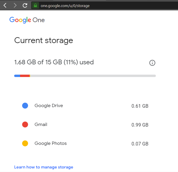 one.google.com/u/0/storage Google One Current storage 1.68 GB of 15 GB (11%) used Google Drive Gmail Google Photos Learn how to manage storage O 0.61 0.99 0.07