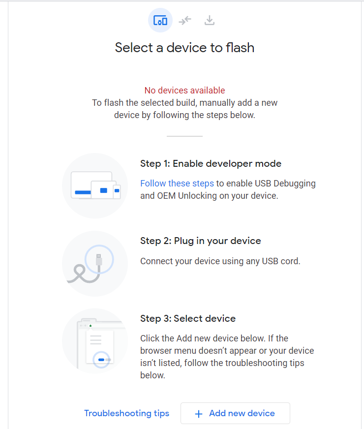 Android flash tool select a device screen