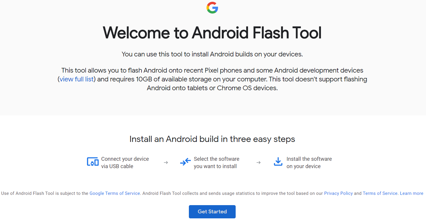 Android flash tool start page