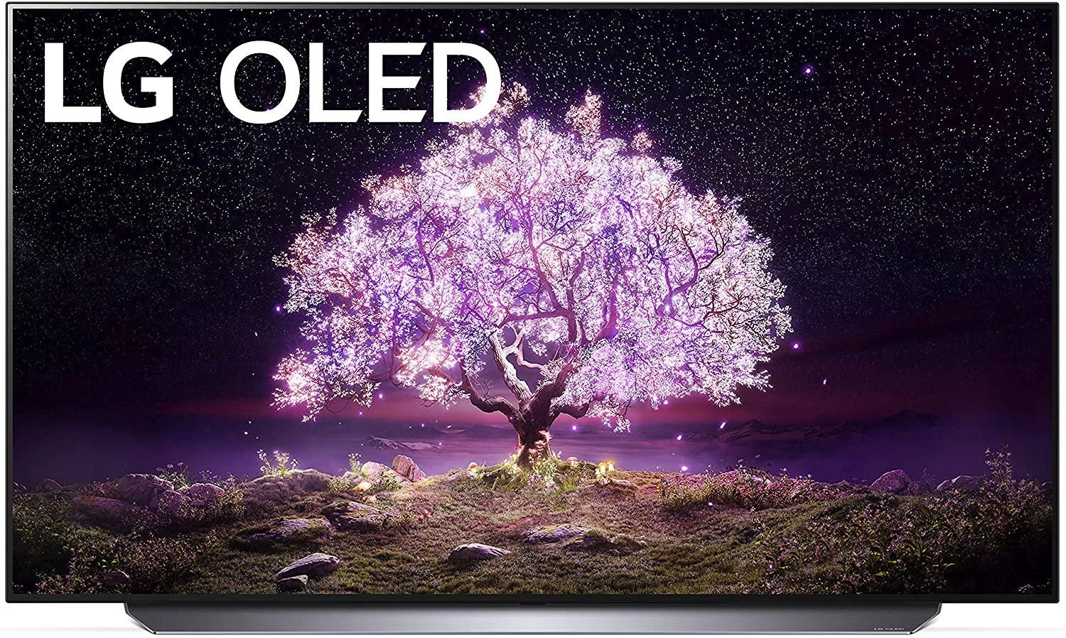 Serie LG OLED C1 con imagen de caja de producto contra un fondo de árbol púrpura