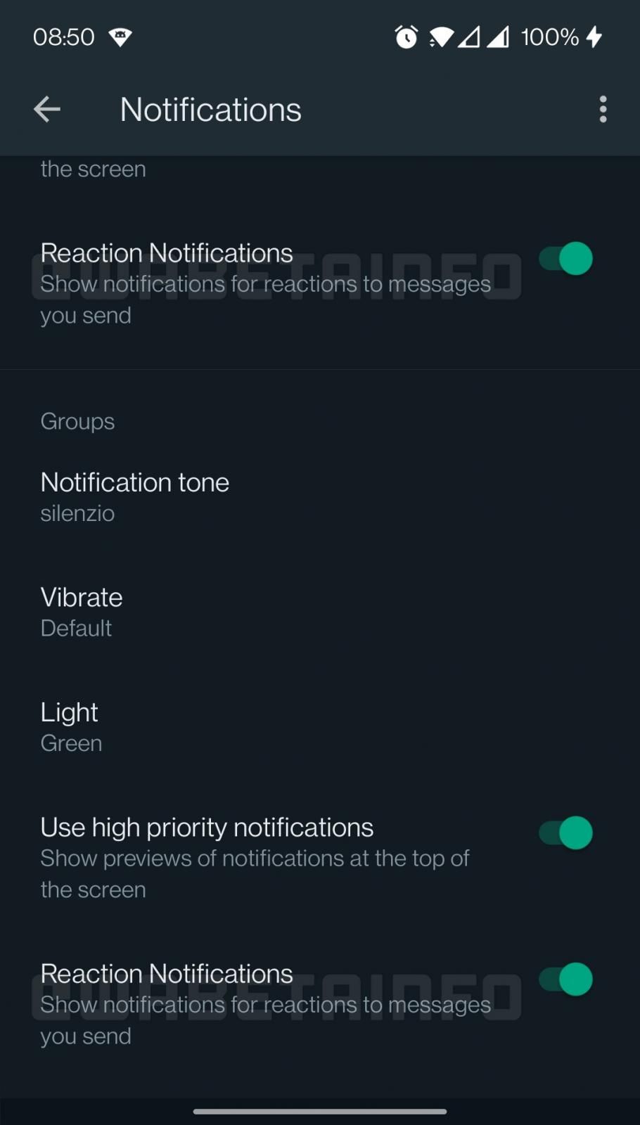 whatsapp message reaction notifications setting on Android