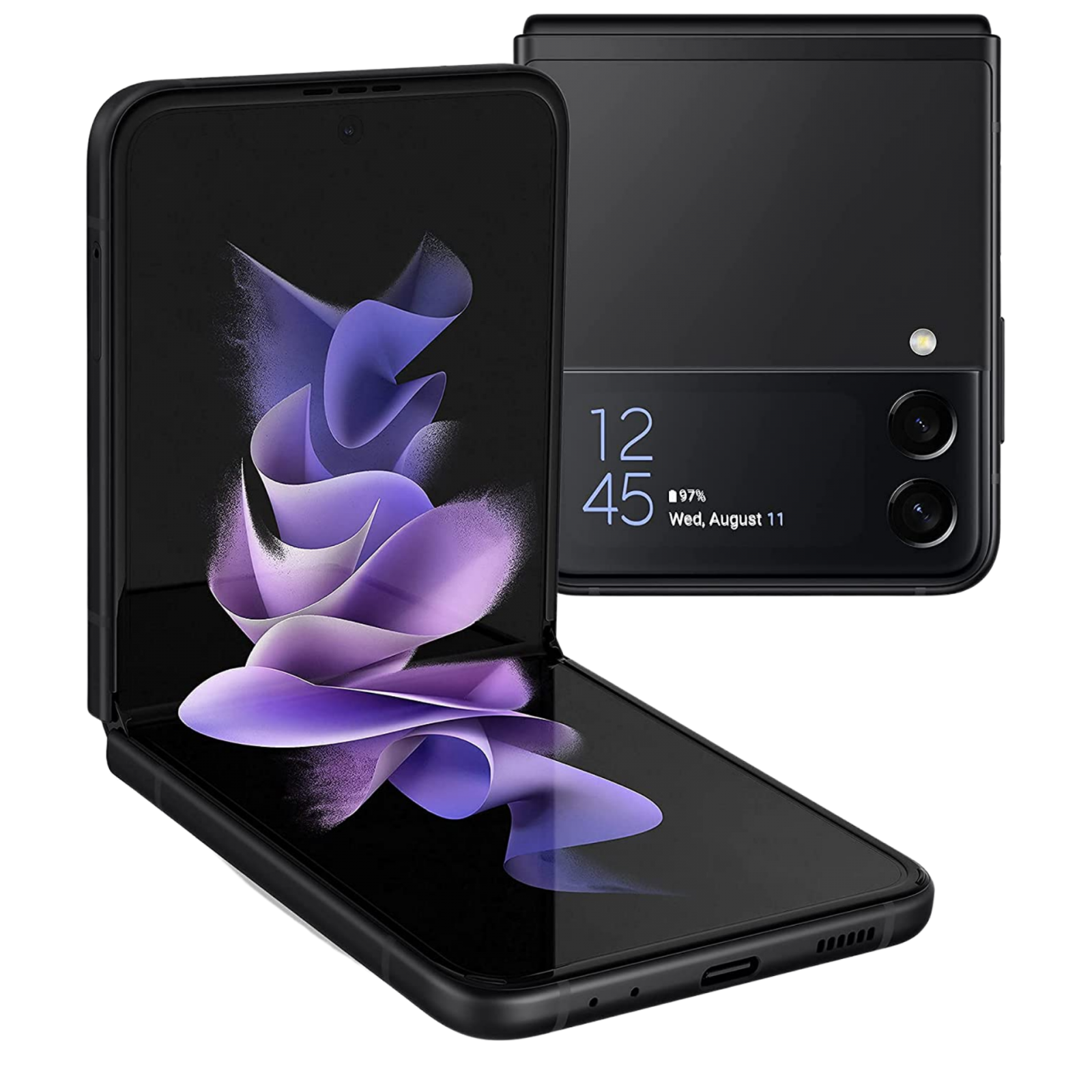 Siyah Samsung Galaxy Z Flip 3 katlanmış ve açık durumda