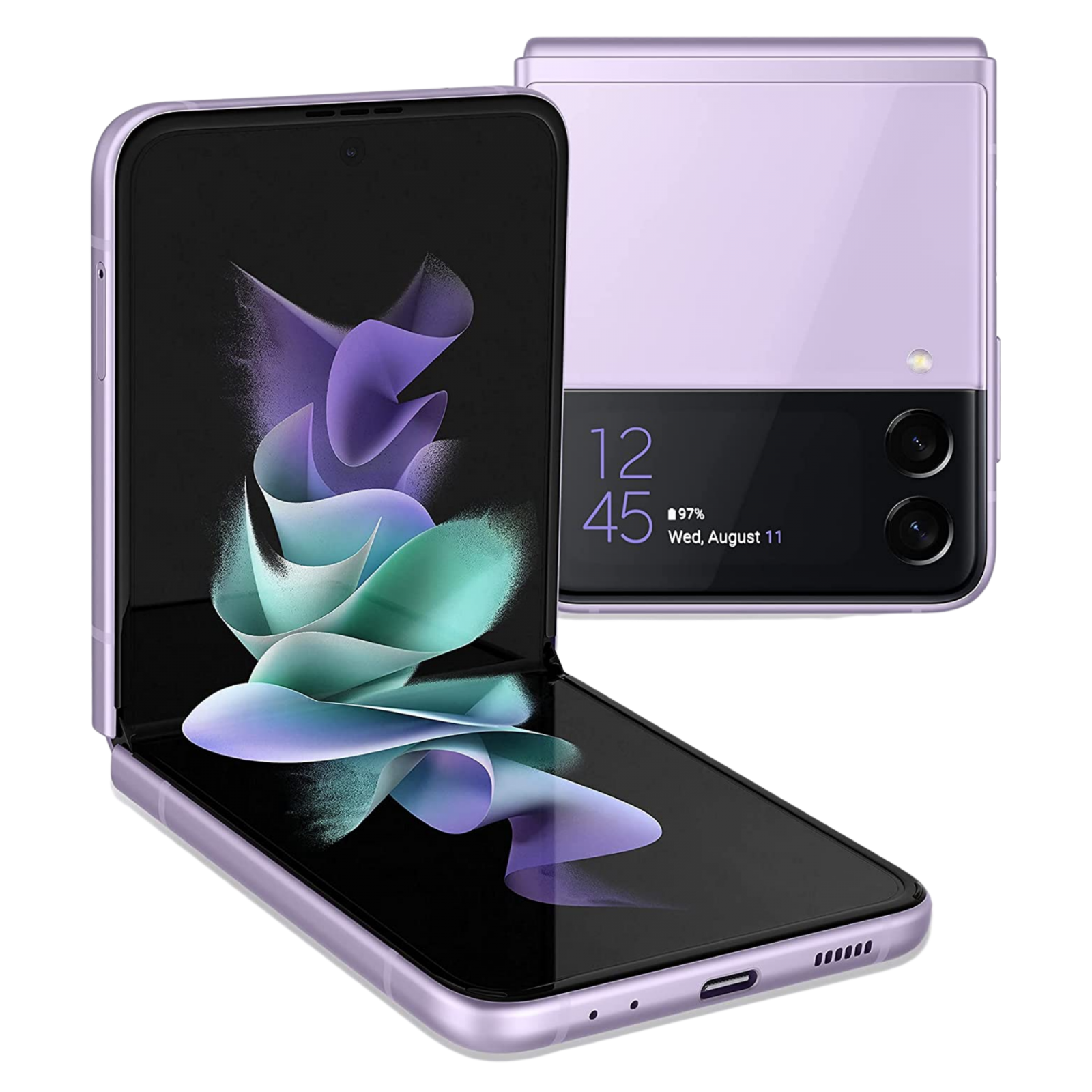 Samsung Galaxy Z Flip 3 in Purple folded and unfolded