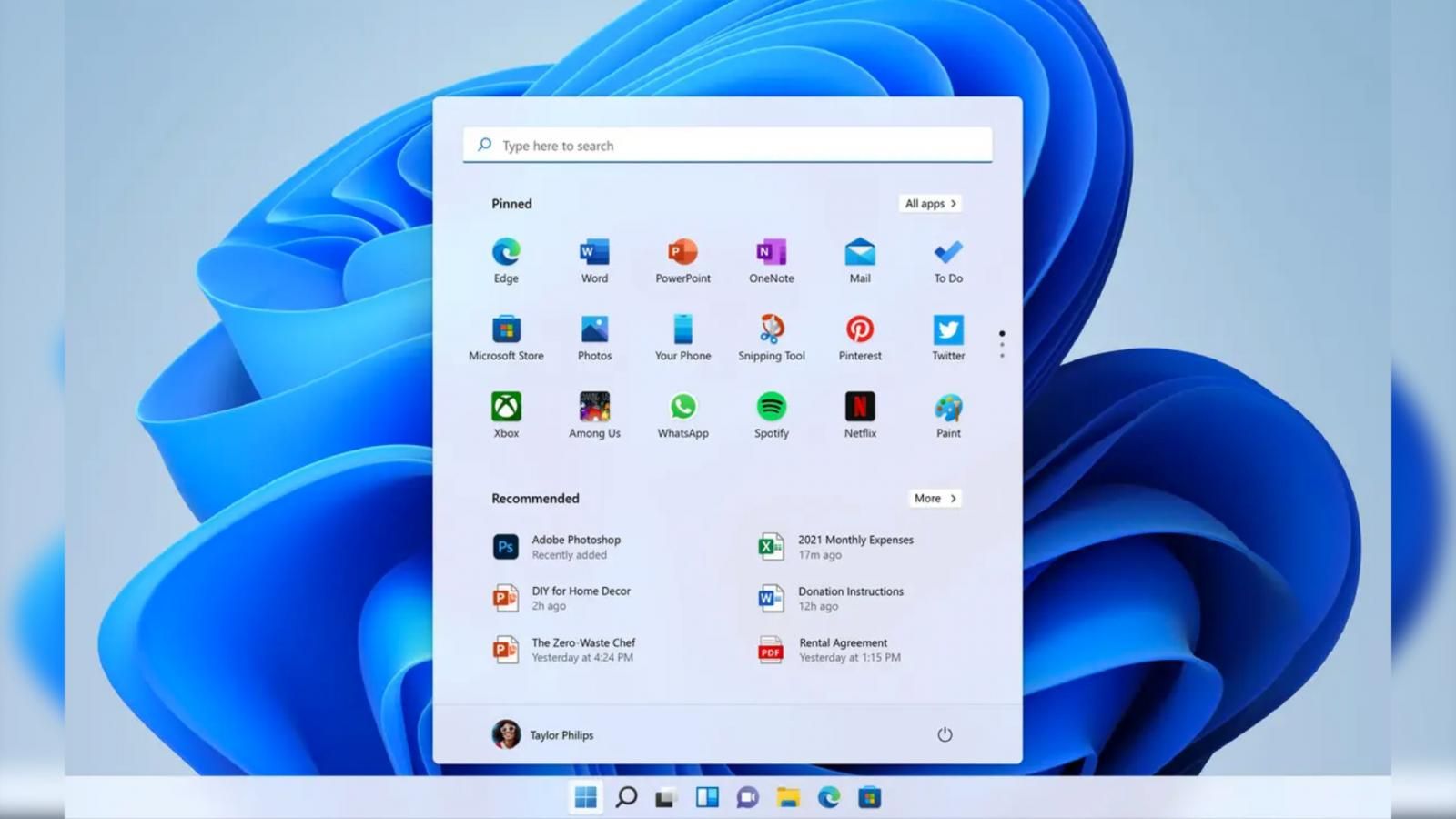 Windows 11 Start menu and taskbar