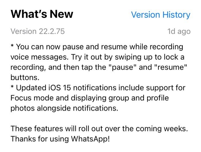 whatsapp ios update 22.2.75 changelog
