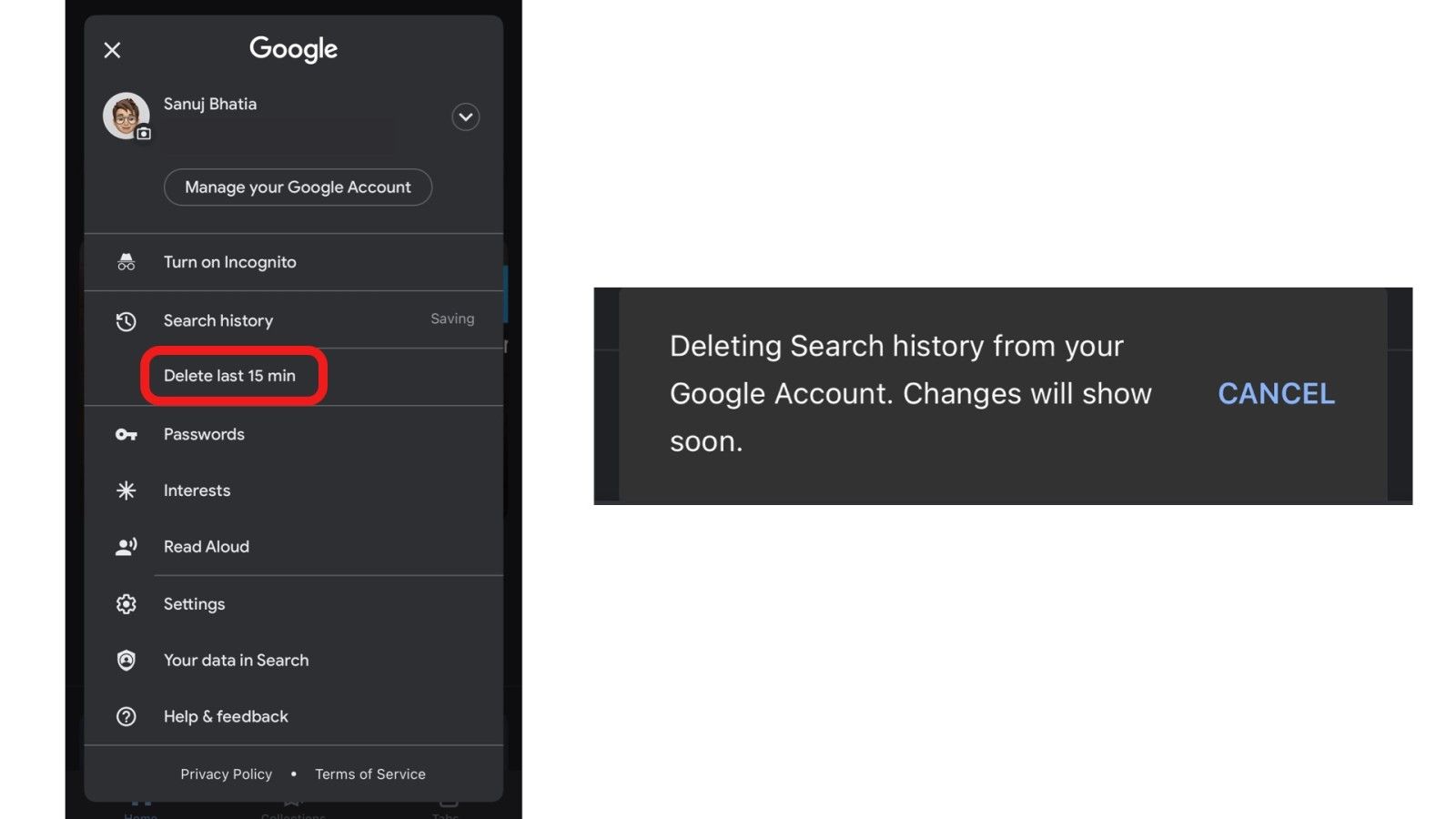 delete 15 minute search history google