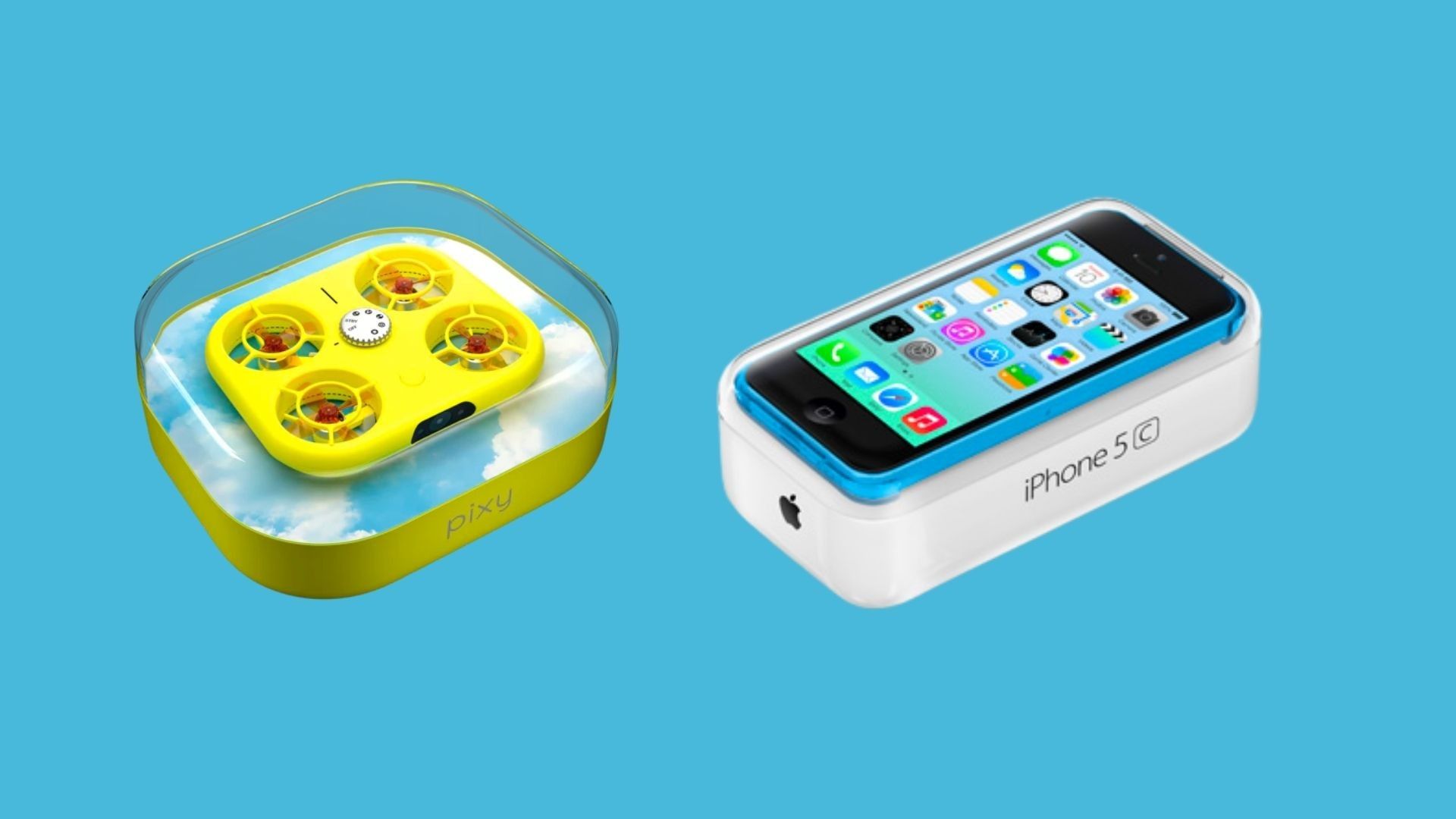 Pixy drone packaging compared to Apple's iPhone 5C box