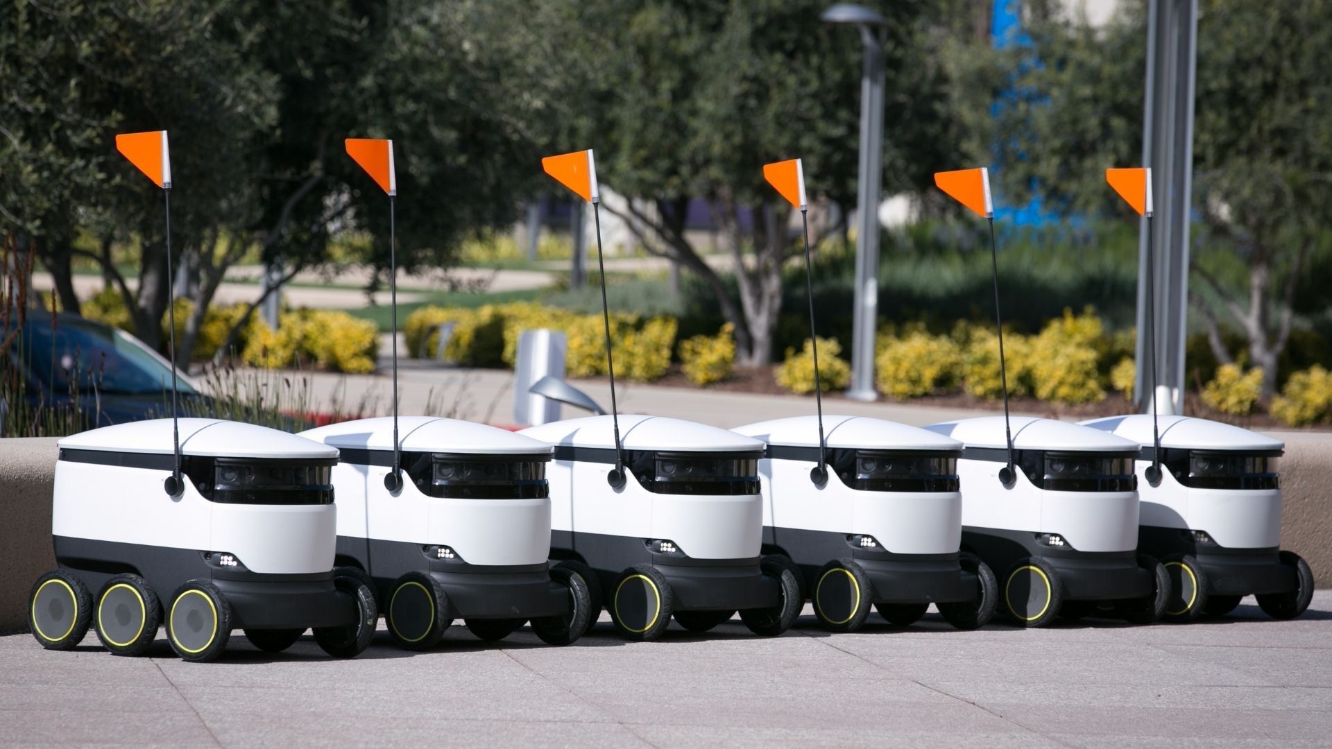 Starship robots lined up outside, waiting for orders to come in