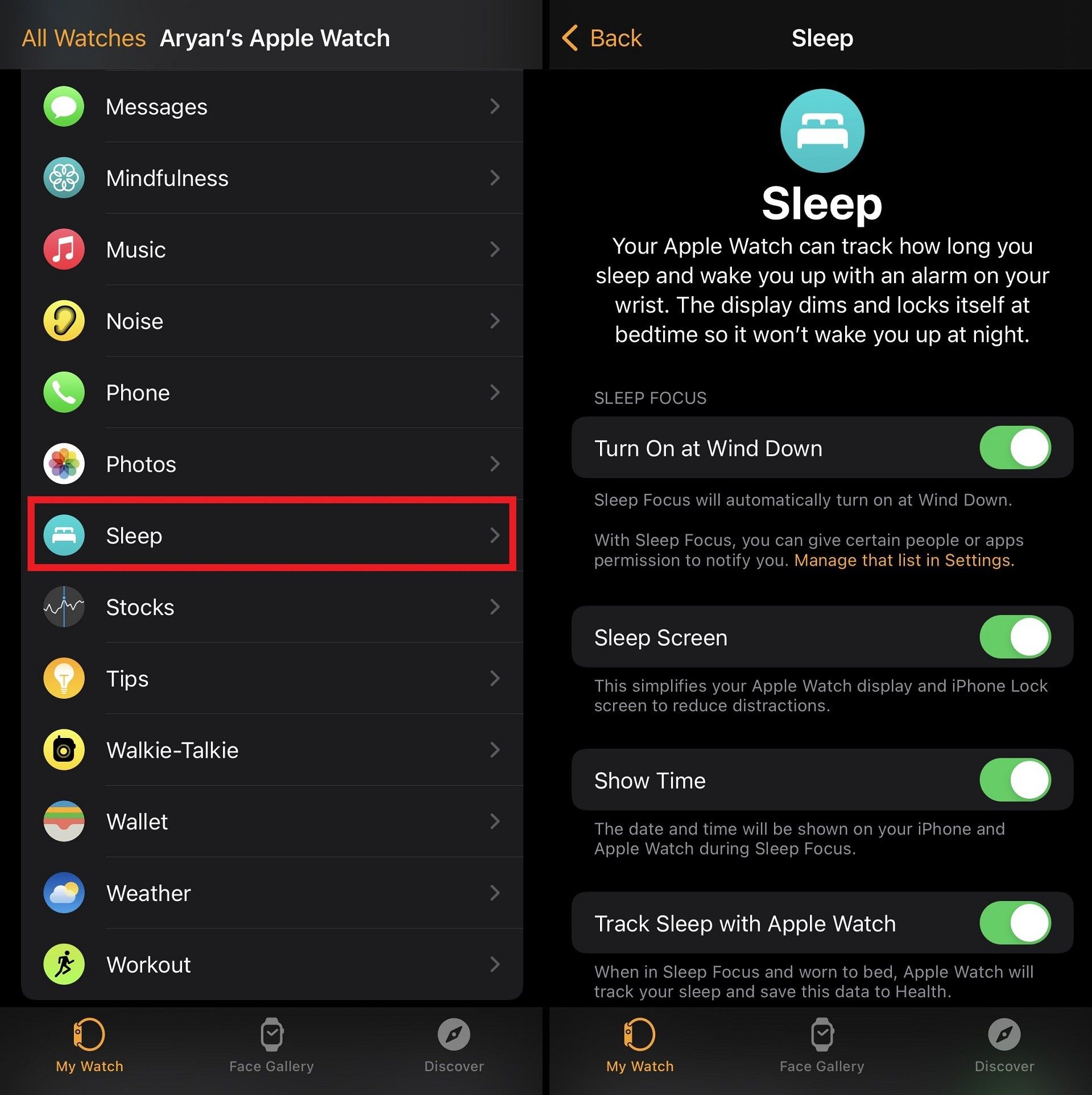Watch uygulamasındaki uyku ayarları ekranının görünümü