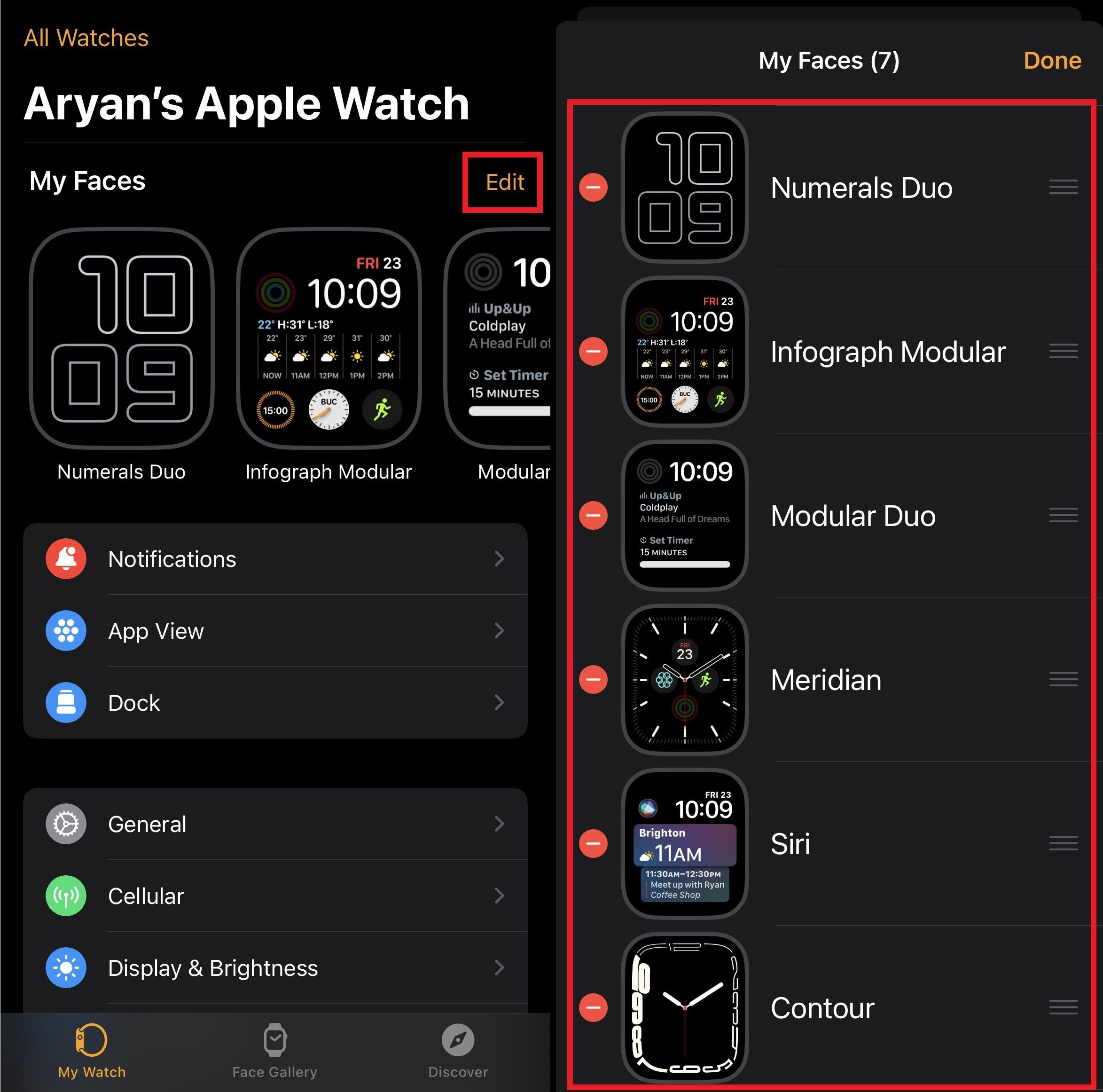 iPhone'da Apple Watch için saat yüzlerini yönetme adımları
