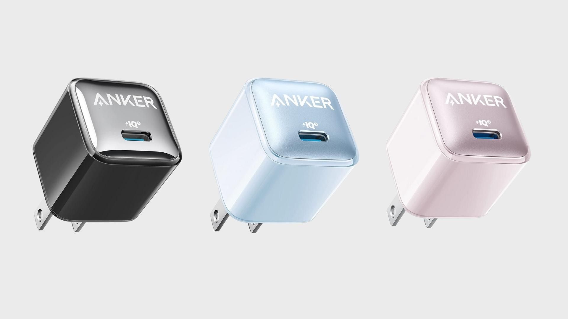 Anker Nano Pro 20W and three of its available colors, Grey, Light Blue, and Pink