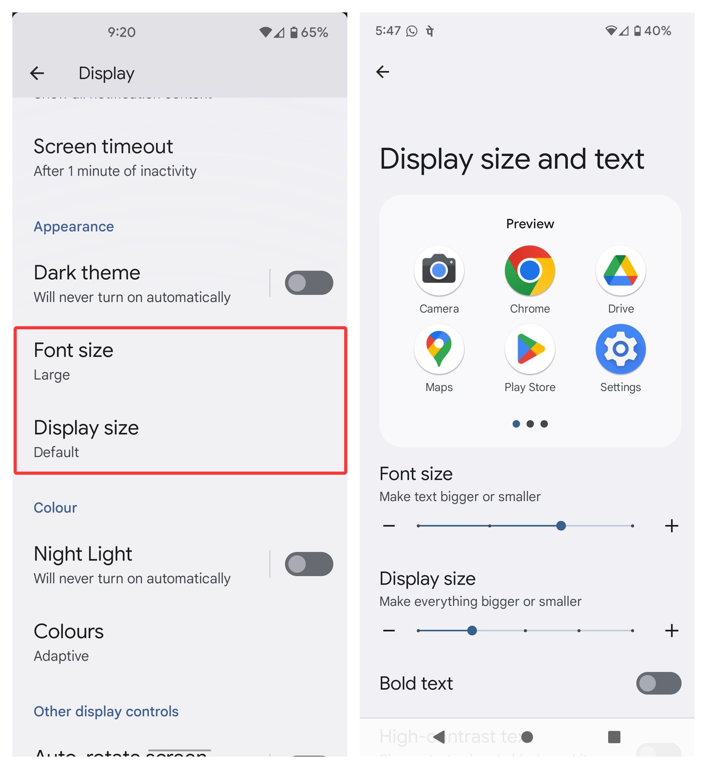 Android 12 vs 13 font display size